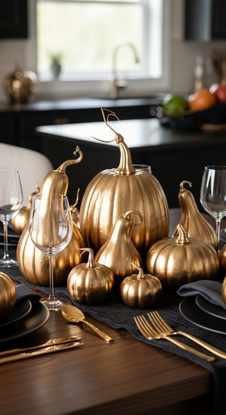 DIY levitating witch hat lights glowing above a spooky chic Halloween kitchen island