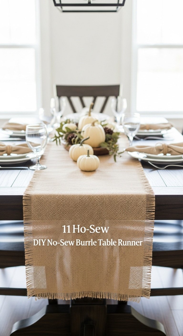DIY no-sew burlap table runner with frayed edges on a dark wood dining table with white plates and mini pumpkins