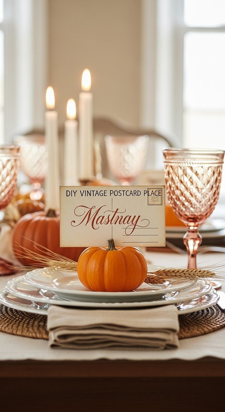 DIY vintage postcard place card with guest's name propped against a small pumpkin at Thanksgiving setting