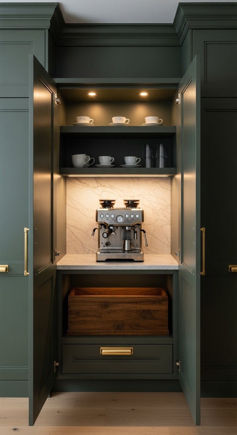 Dark green kitchen cabinet with open pocket doors revealing a hidden coffee station with espresso machine cups and brass hardware