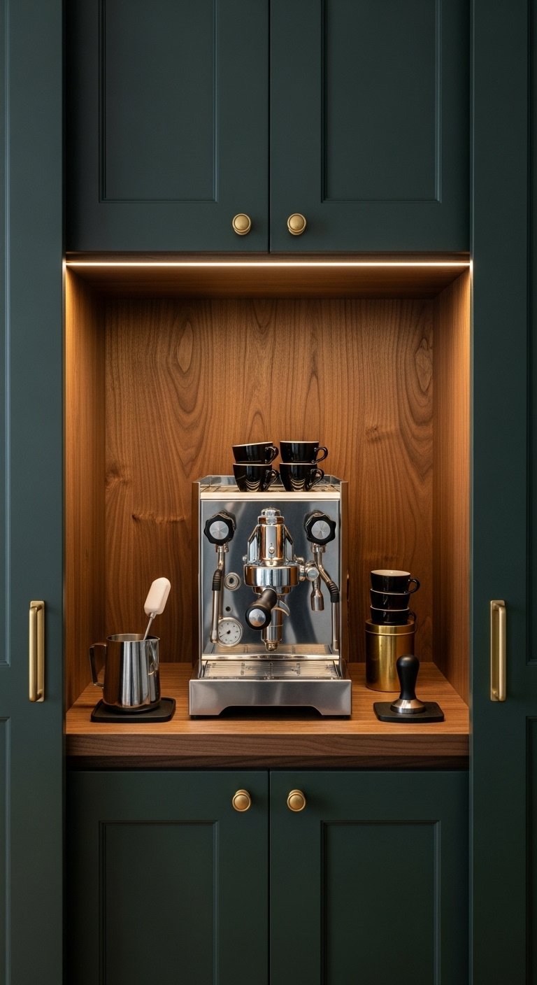 Dark green kitchen cabinet with open pocket doors revealing a hidden coffee station with stainless steel espresso machine and walnut countertop
