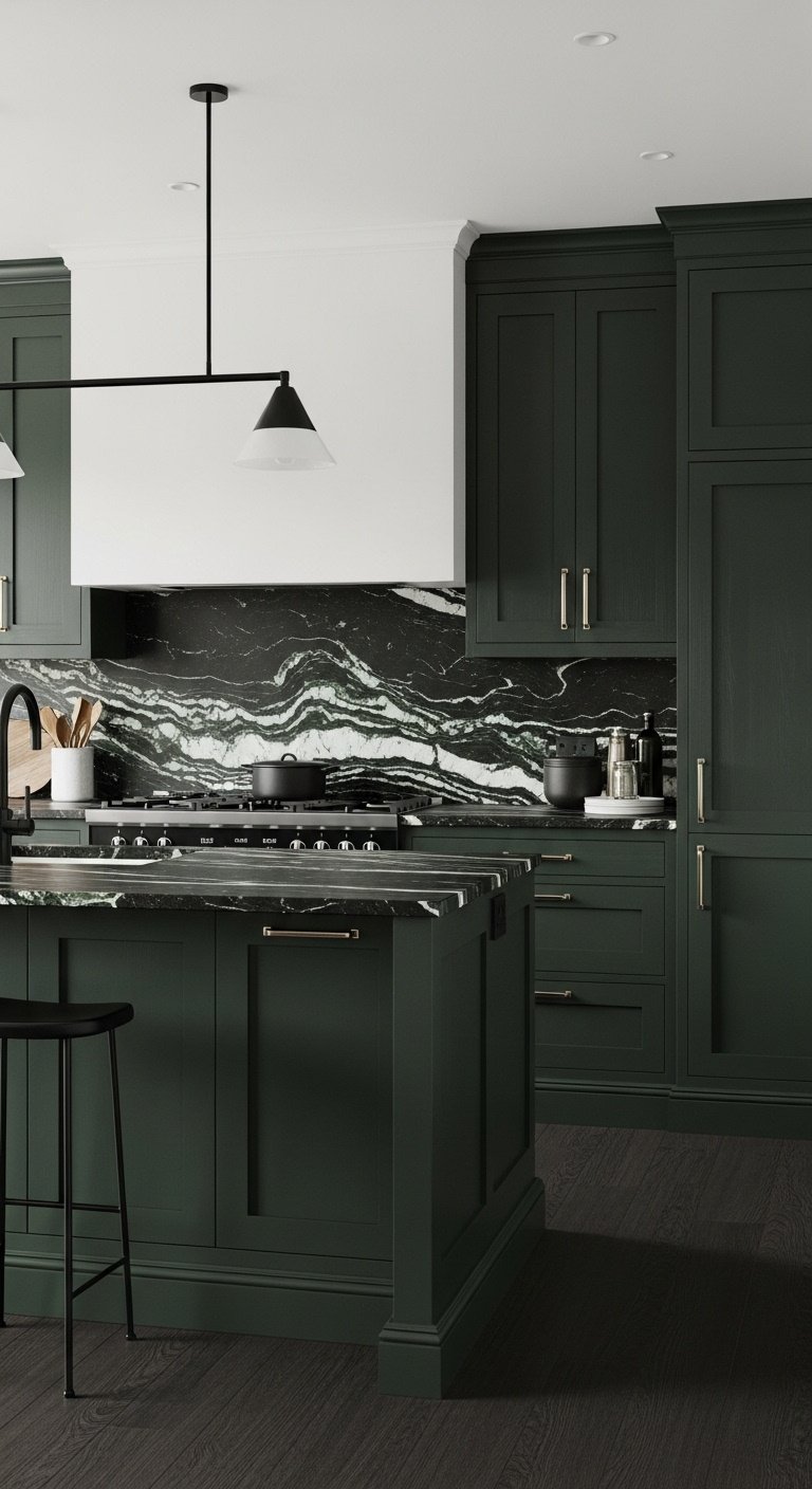 Dark green kitchen cabinets with black marble countertops minimalist hardware and dark flooring for a sleek urban look