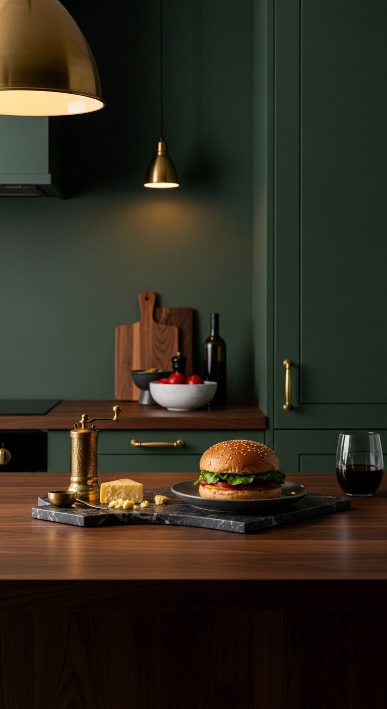 Dark green kitchen walls with a matte finish behind a dark walnut wood countertop and brass pendant lamp