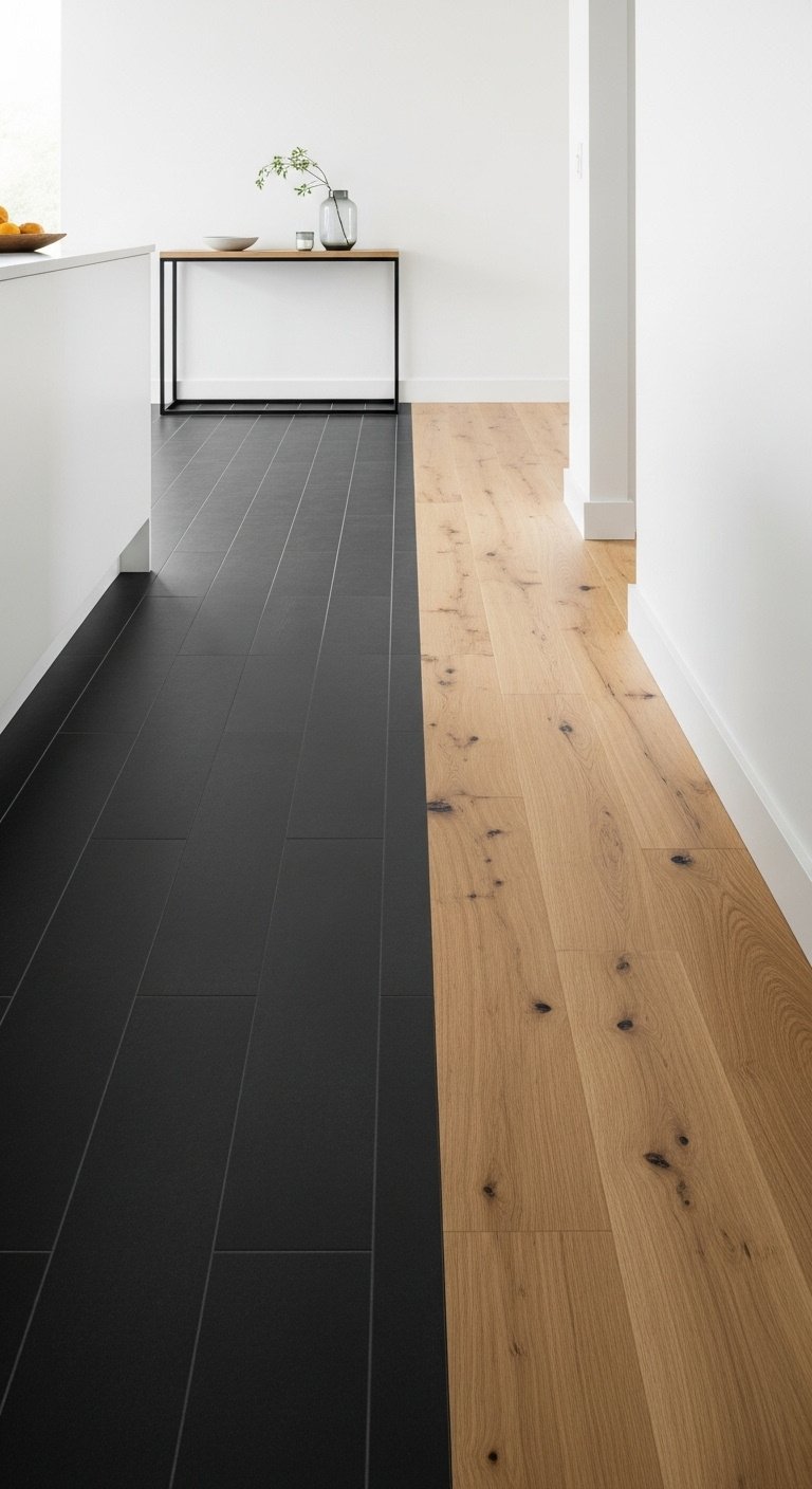 Dark grey subway tiles meeting light oak hardwood at a 90-degree angle with bright studio light and elegant minimalist mood