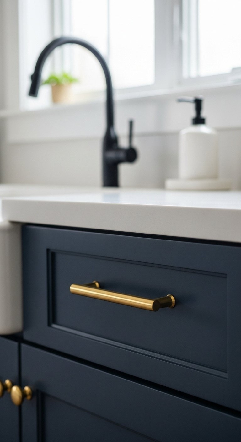 Dark navy blue kitchen cabinet drawer with brushed gold handle and blurred matte black faucet over a white sink