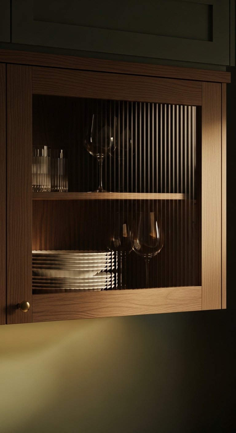 Dark oak kitchen cabinet with reeded glass front white ceramic plates and wine glasses with a brass knob