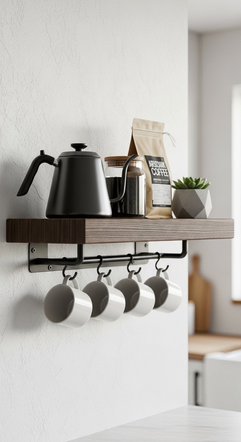 Dark wood floating shelf with gooseneck kettle coffee bag glass canister and hooks holding white mugs on a textured white wall