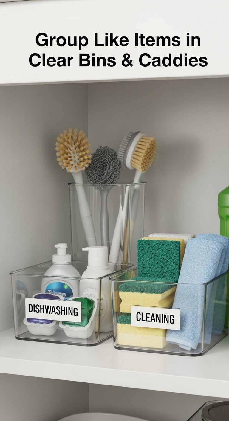 Decluttered kitchen sink with a sleek caddy drying rack and organized under sink storage