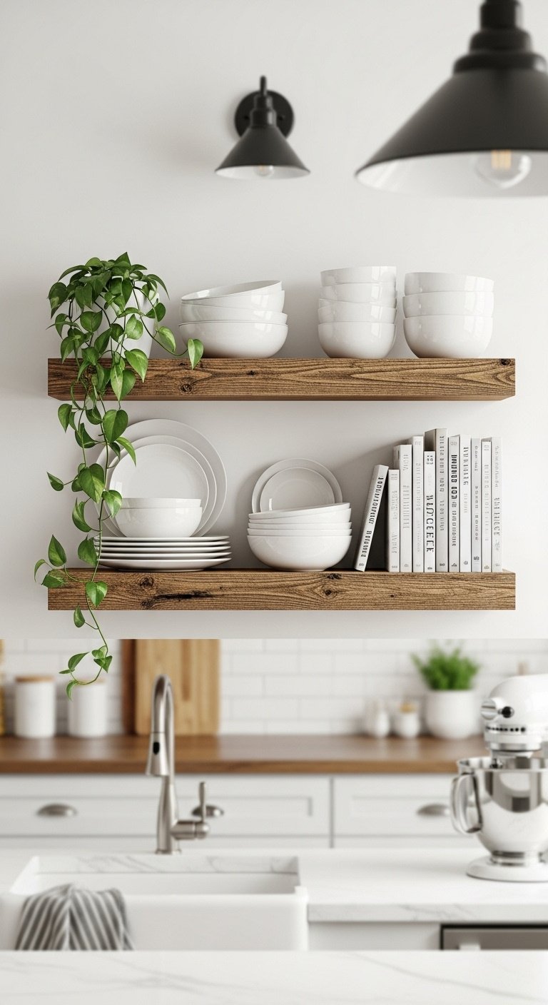Decorating above a sink without a window with rustic reclaimed wood floating shelves white ceramic dishes and trailing pothos plant