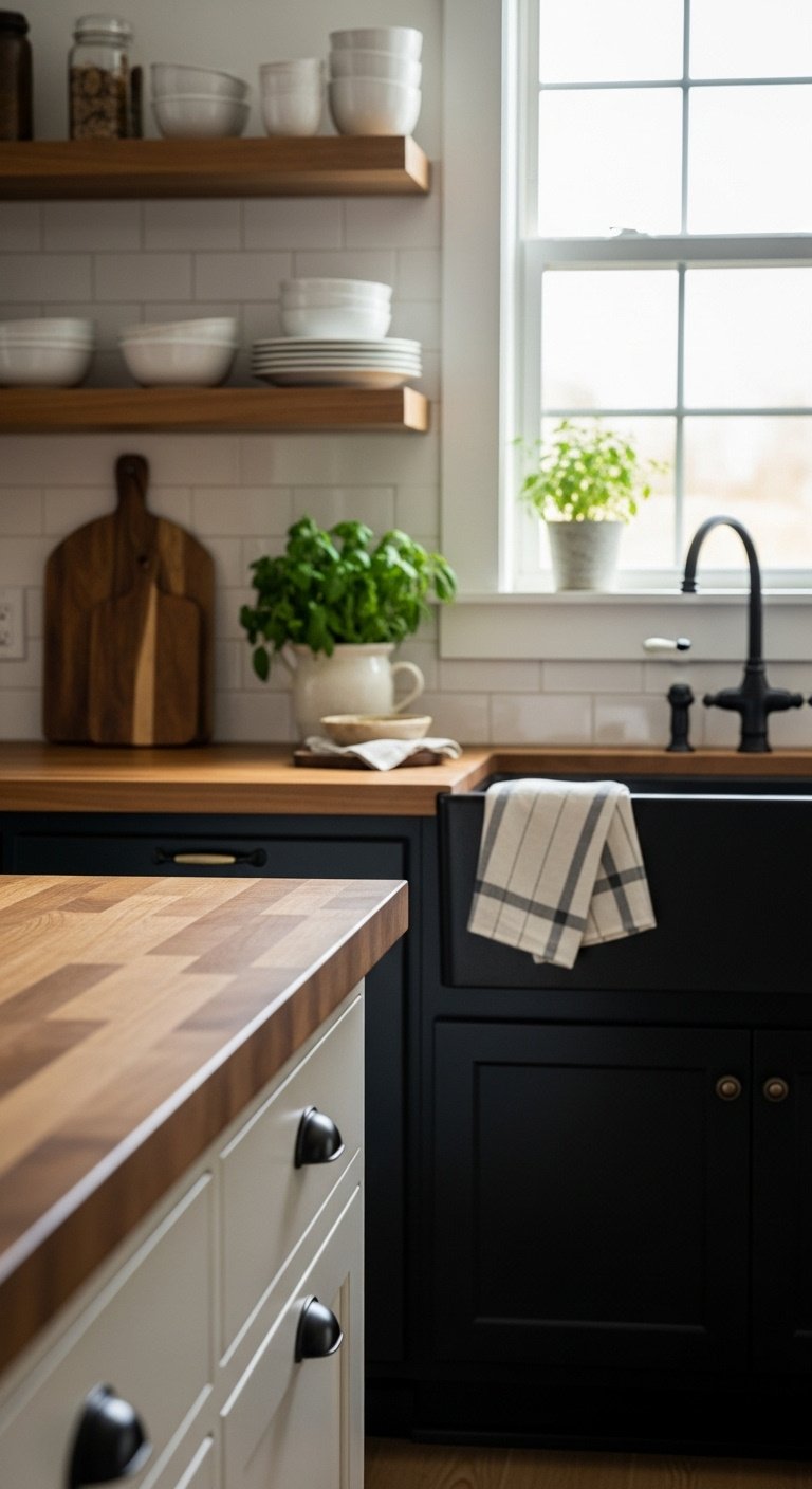 Deep black kitchen cabinets with warm butcher block countertop black farmhouse sink and fresh herbs in a rustic farmhouse kitchen