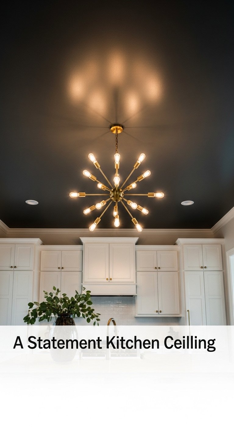 Deep charcoal grey kitchen ceiling with a stunning brass sputnik chandelier and white cabinets below