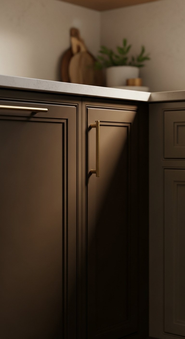 Deep chocolate brown kitchen cabinet with unlacquered brass pull and light quartzite countertop
