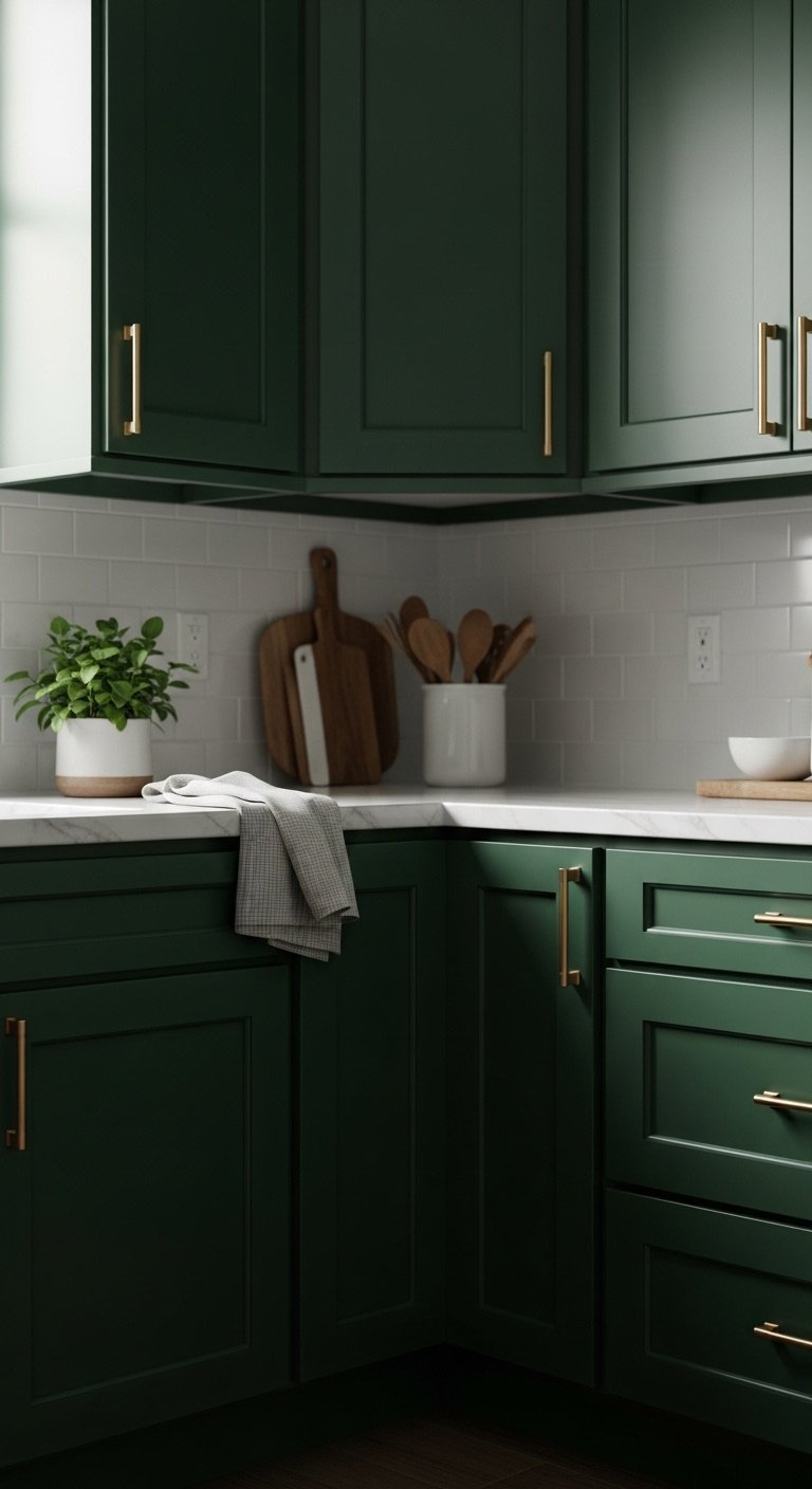 Deep emerald green kitchen cabinets with matte finish and brushed brass hardware white marble countertop and subway tile backsplash