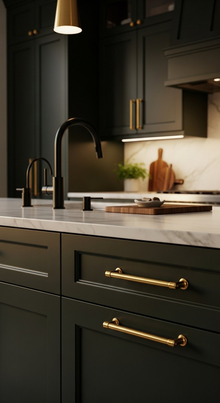 Deep forest green kitchen cabinets with polished gold bar pulls sleek black faucet and walnut cutting board in a luxurious kitchen