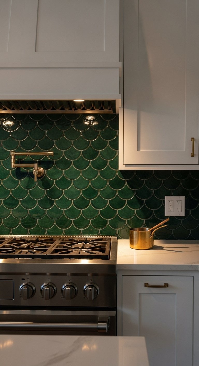 Deep green glossy fish-scale tiles as a backsplash focal point behind a stove in an all-white kitchen