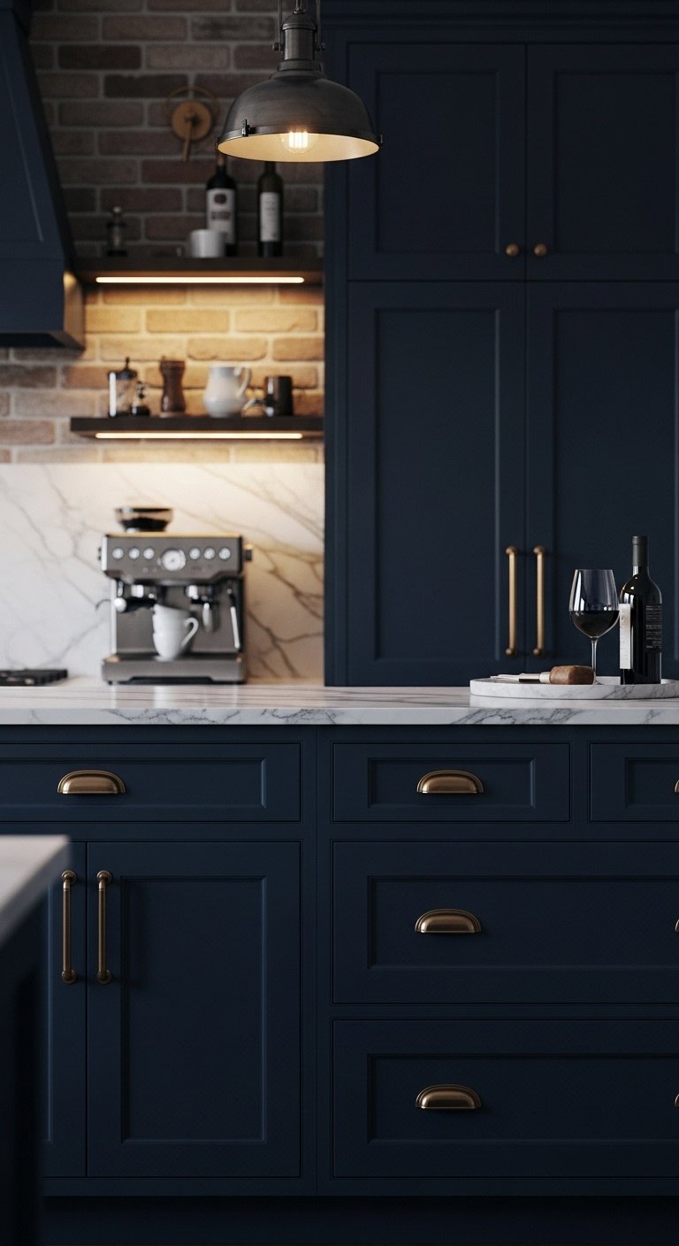 Deep navy blue Shaker cabinets with brass pulls, white marble counter, espresso machine, and brick wall