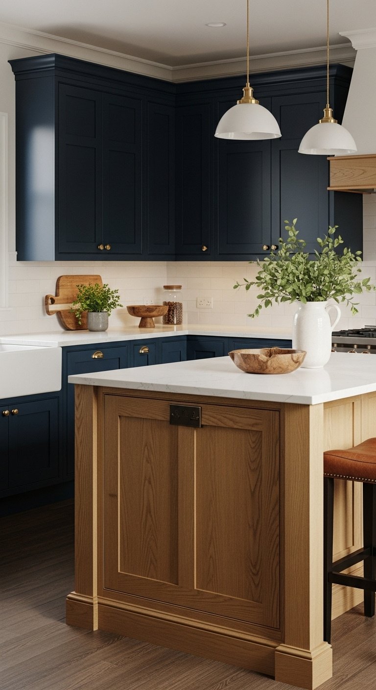 Deep navy blue perimeter cabinets with gold-tone white oak island and creamy white quartz countertop