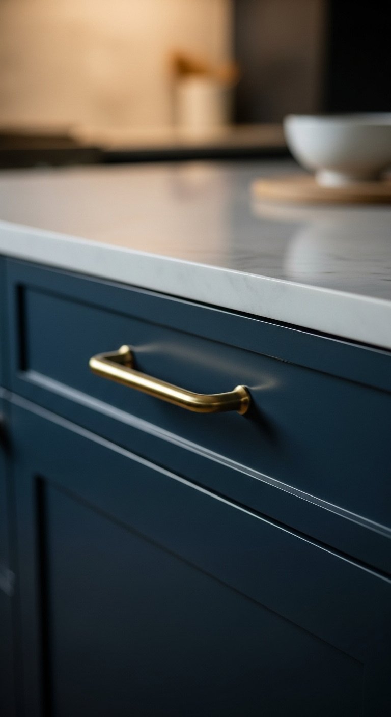 Deep navy blue shaker cabinet drawer with sleek brushed gold handle and marble countertop