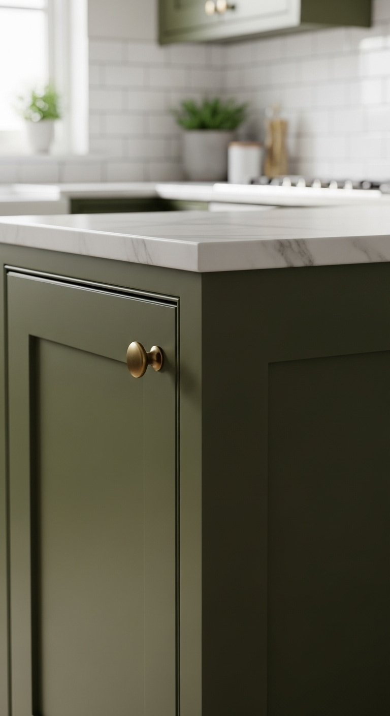 Deep olive green shaker style kitchen cabinet with brushed brass hardware and white marble countertop