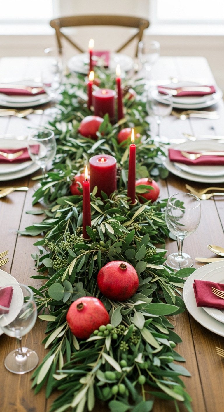 Deep red Thanksgiving table decor with abundant natural greenery eucalyptus olive branches pomegranates and pillar candles