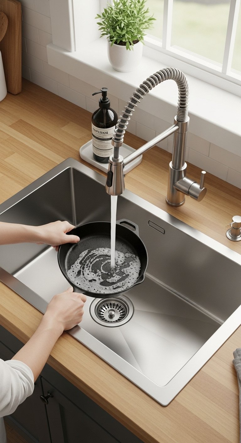 Deep single bowl stainless steel undermount sink with cast iron skillet being washed high-arc faucet and stylish soap dispenser