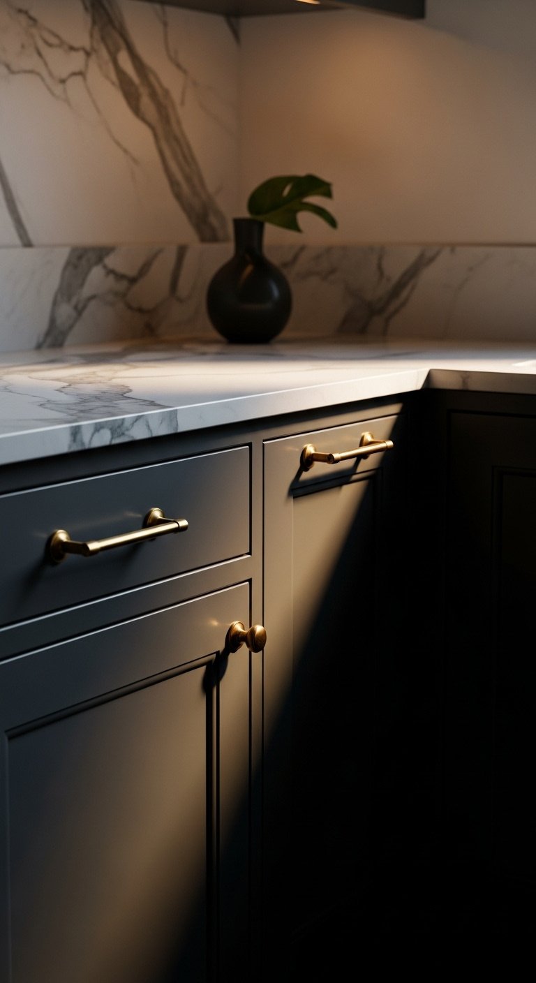 Deep soft charcoal gray shaker kitchen cabinet with brass t bar handle and white marble countertop