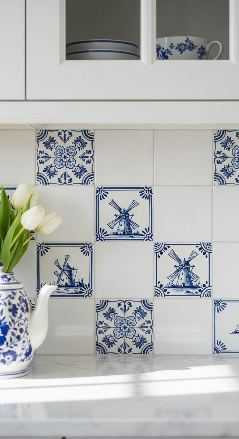 Delft inspired tile backsplash blue and white windmills floral patterns white marble countertop white cabinet porcelain teapot white tulips