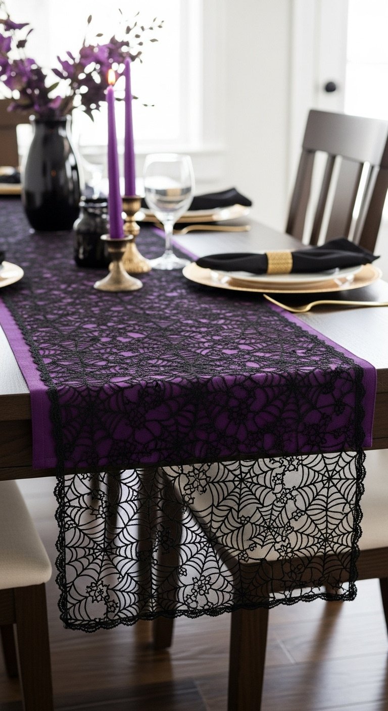 Delicate black spiderweb lace table runner layered over a dark purple tablecloth on a kitchen dining table with a gold charger plate and black napkin