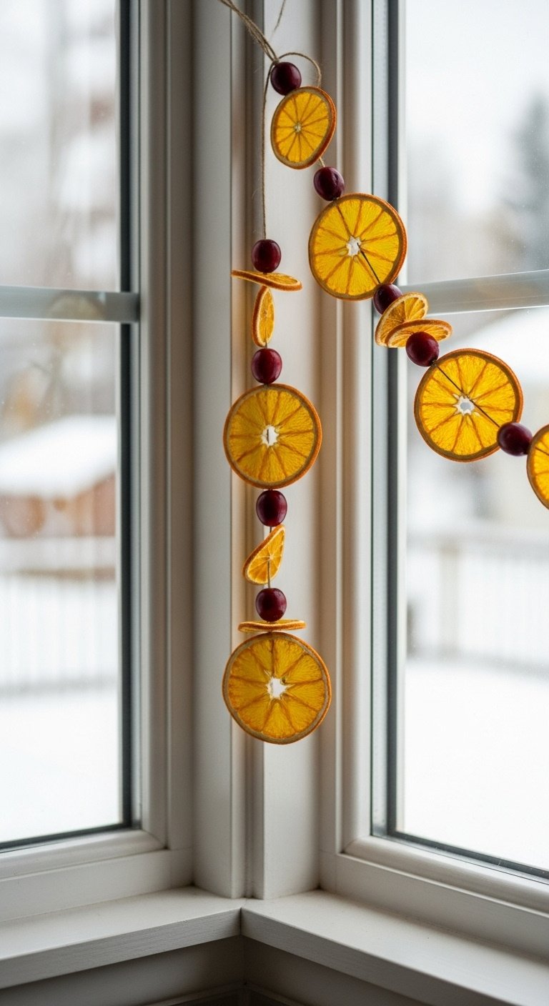 Delicate dried orange slice and cranberry garland draped on a white kitchen window frame with snowy background