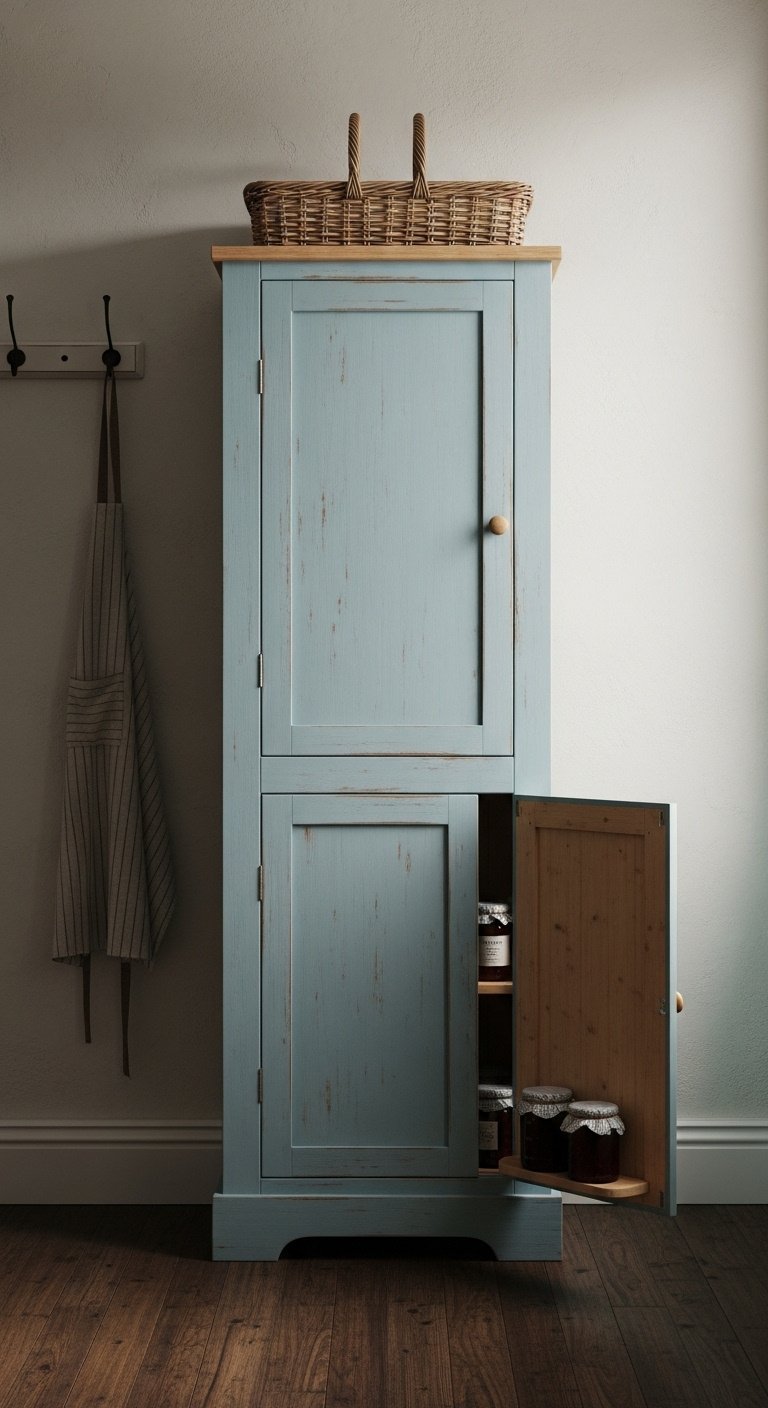 Distressed duck egg blue freestanding pantry cabinet with woven basket and jars of preserves on hardwood floor