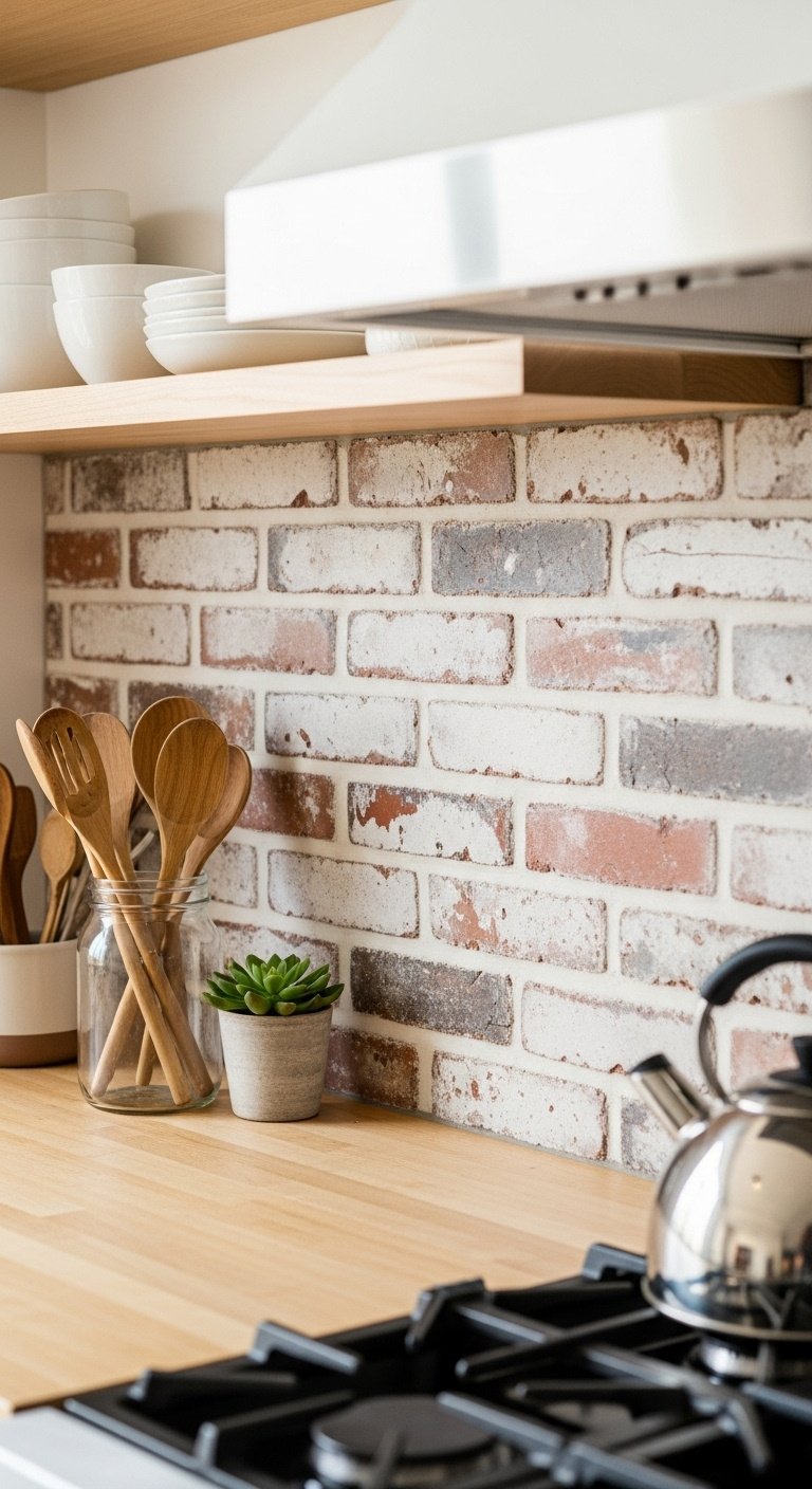 Distressed whitewashed brick backsplash in a farmhouse kitchen with light wood butcher block countertop open shelving and ceramic dishes
