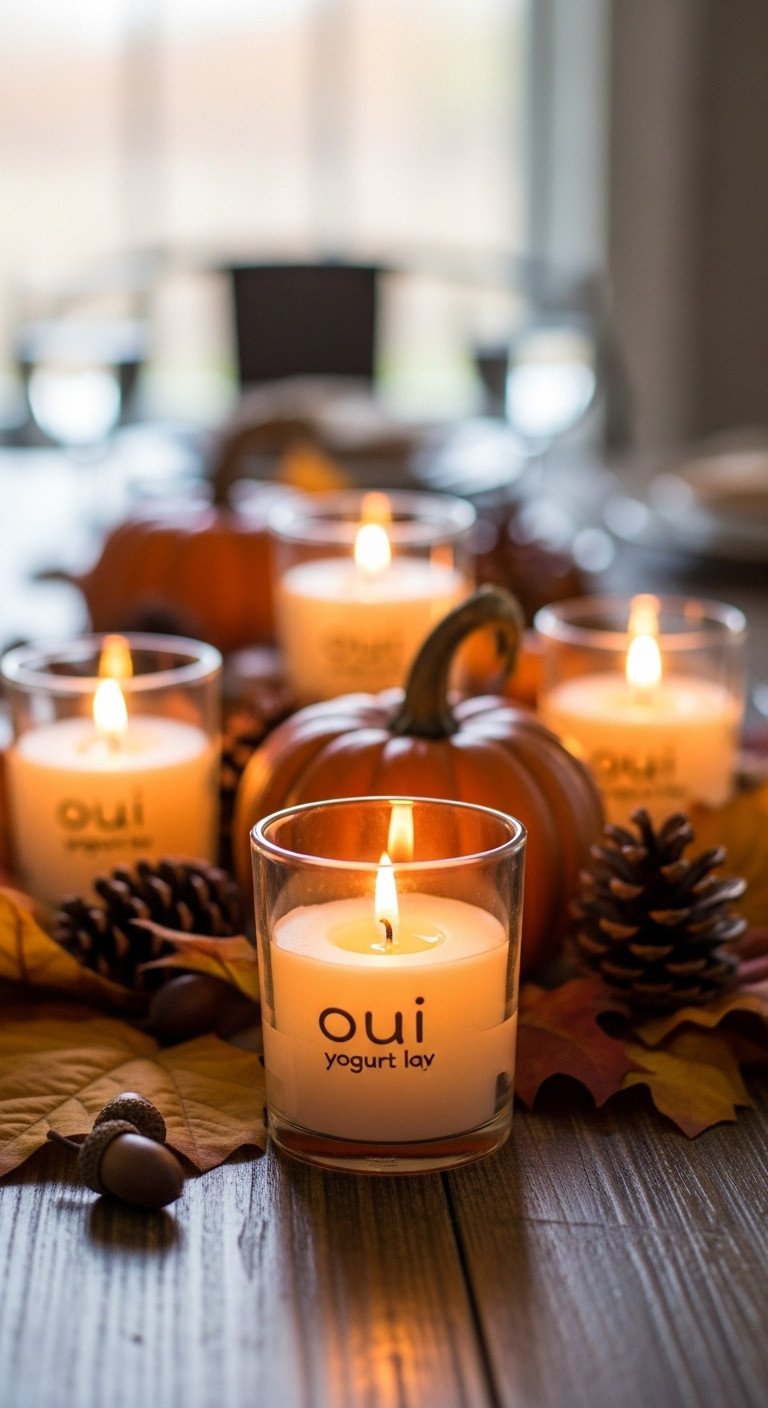 Dollar Tree DIY Thanksgiving votive candles in repurposed Oui jars with fall leaves and pumpkins for a cozy glow