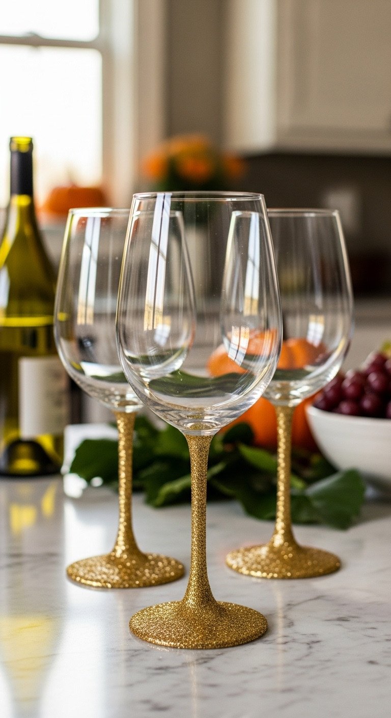 Dollar Tree DIY elegant gold-glittered wine glasses sparkling under warm golden hour light on a marble countertop