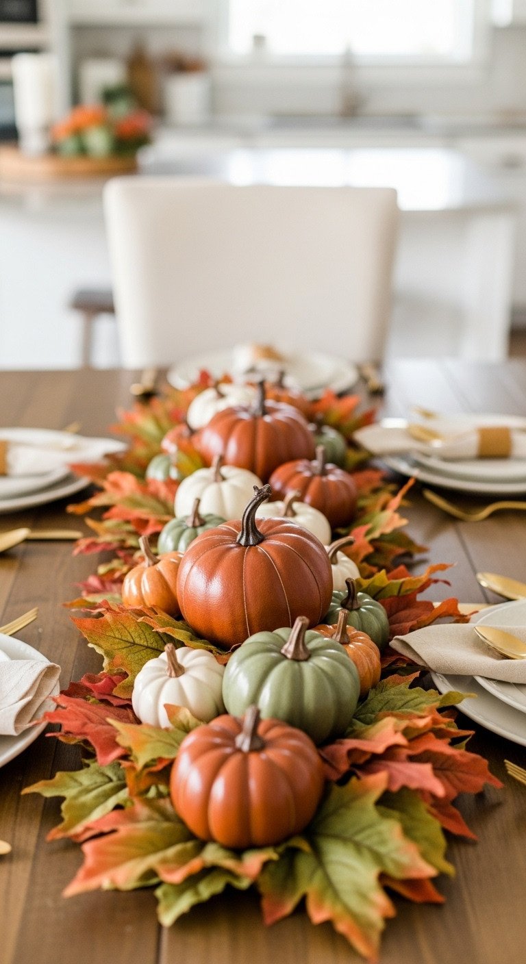 Dollar Tree Thanksgiving centerpiece with faux maple leaf garland and ceramic and faux leather pumpkins on a rustic wooden table