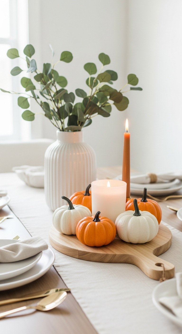 Dollar Tree 'gather' cheese board as a Thanksgiving centerpiece with pumpkins and a candle