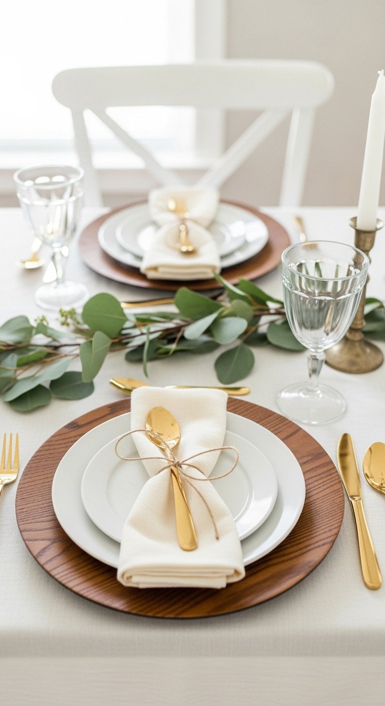 Dollar Tree rustic chic Thanksgiving place setting with wood grain charger white plate cream napkin twine and gold plastic silverware