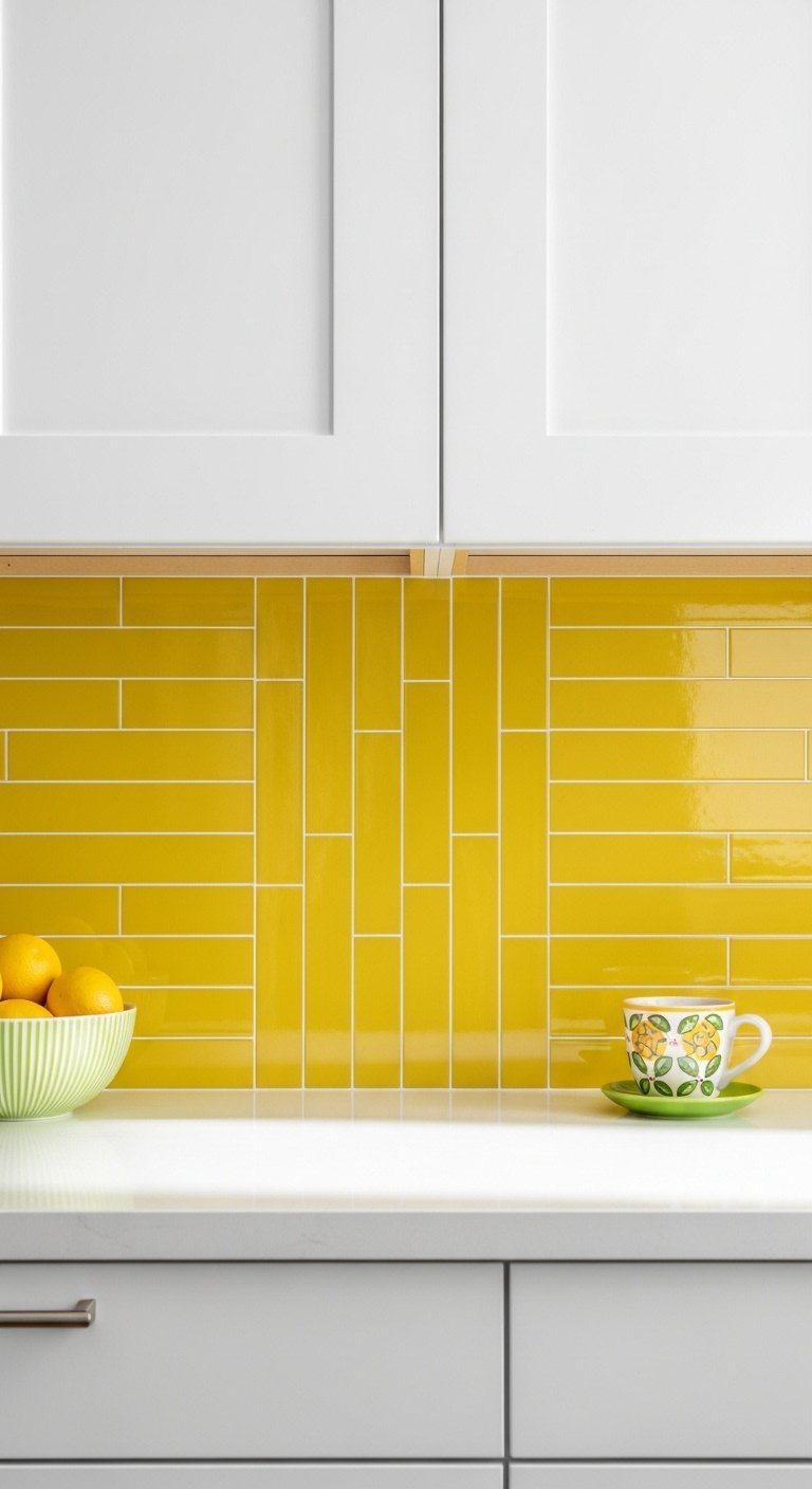 Dopamine decor tile backsplash glossy sunshine yellow subway tiles white countertop white cabinets fresh lemons colorful coffee mug