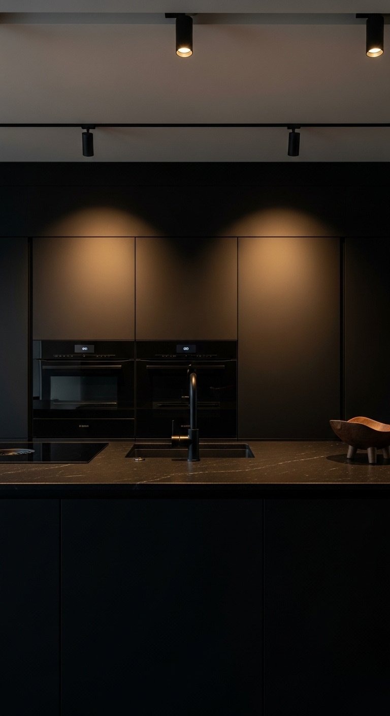 Dramatic all black kitchen with matte flat panel cabinets honed black granite countertop and a sleek induction cooktop