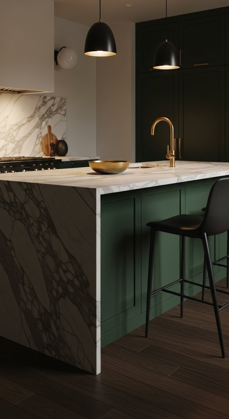 Dramatic forest green kitchen island with waterfall Calacatta marble countertop and black leather barstools