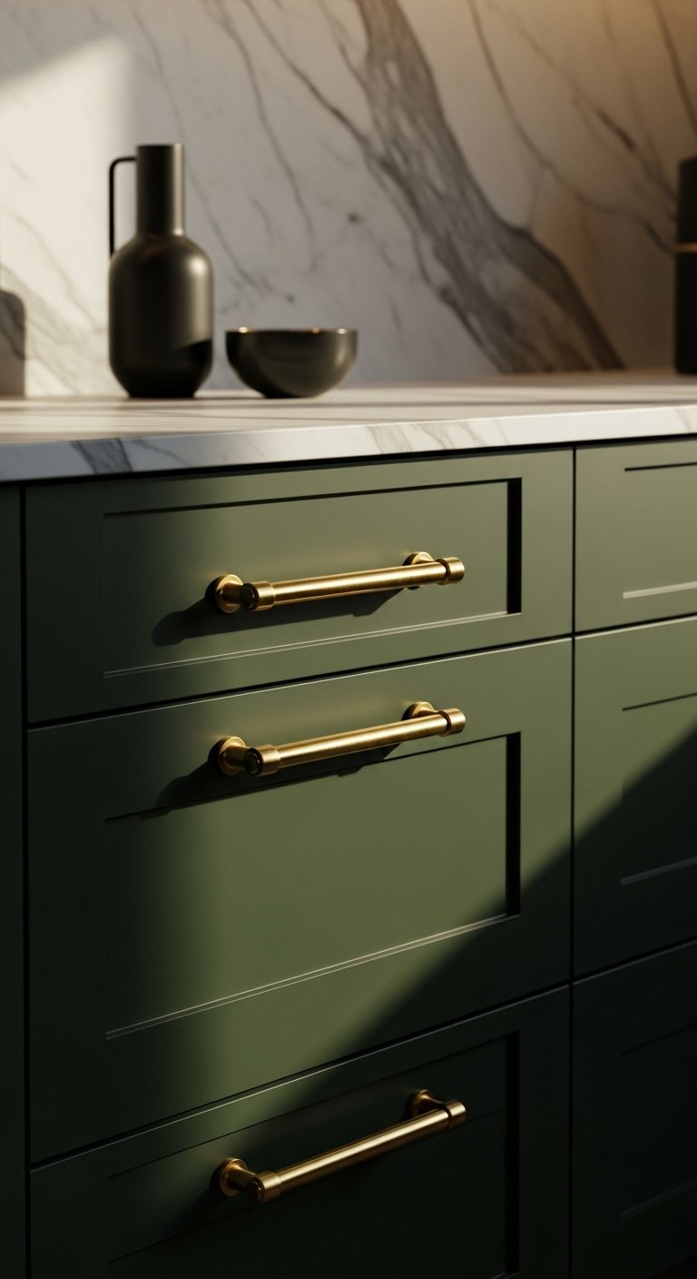 Dramatic sophisticated dark forest green kitchen cabinets with polished brass bar pulls and white marble countertop