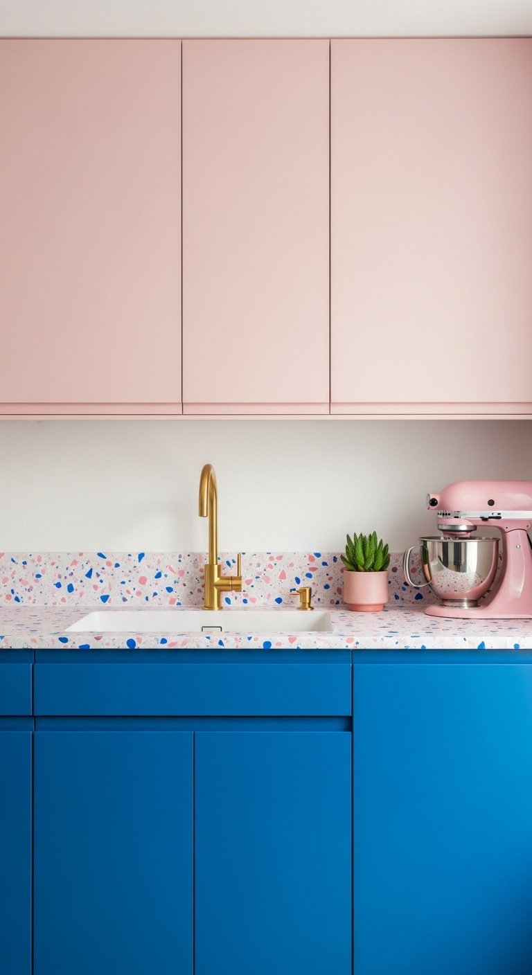 Dusty blush pink upper and bold royal blue lower kitchen cabinets with terrazzo countertop