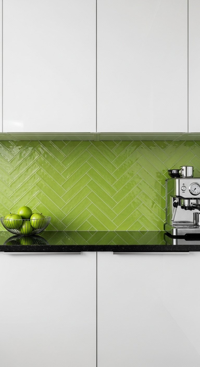 Dynamic modern lime green ceramic herringbone backsplash with black granite countertop and high-gloss white cabinet