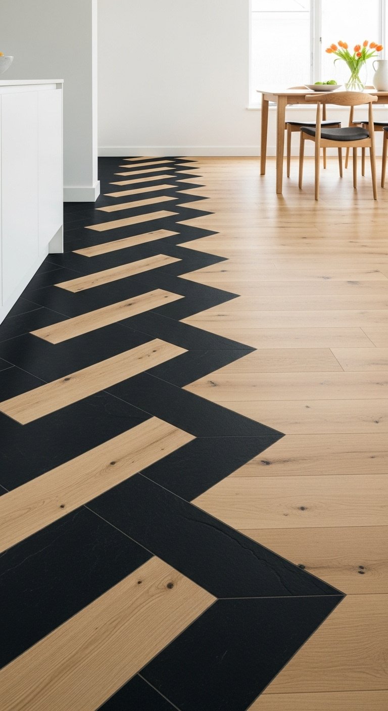 Dynamic zigzag pattern of black slate tiles interlocking with light beech hardwood flooring with bright studio light and vibrant energetic mood