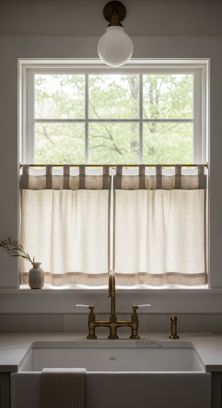 Earth-toned linen cafe curtains on brass tension rod over kitchen sink with green foliage and ceramic vase