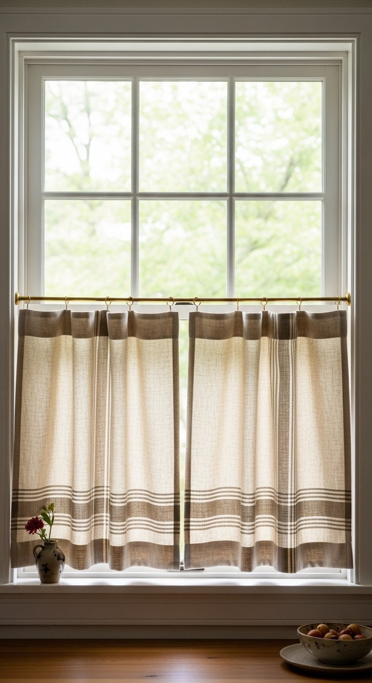 Earth-toned linen cafe curtains with grain sack stripe on brass rod over kitchen window with green foliage