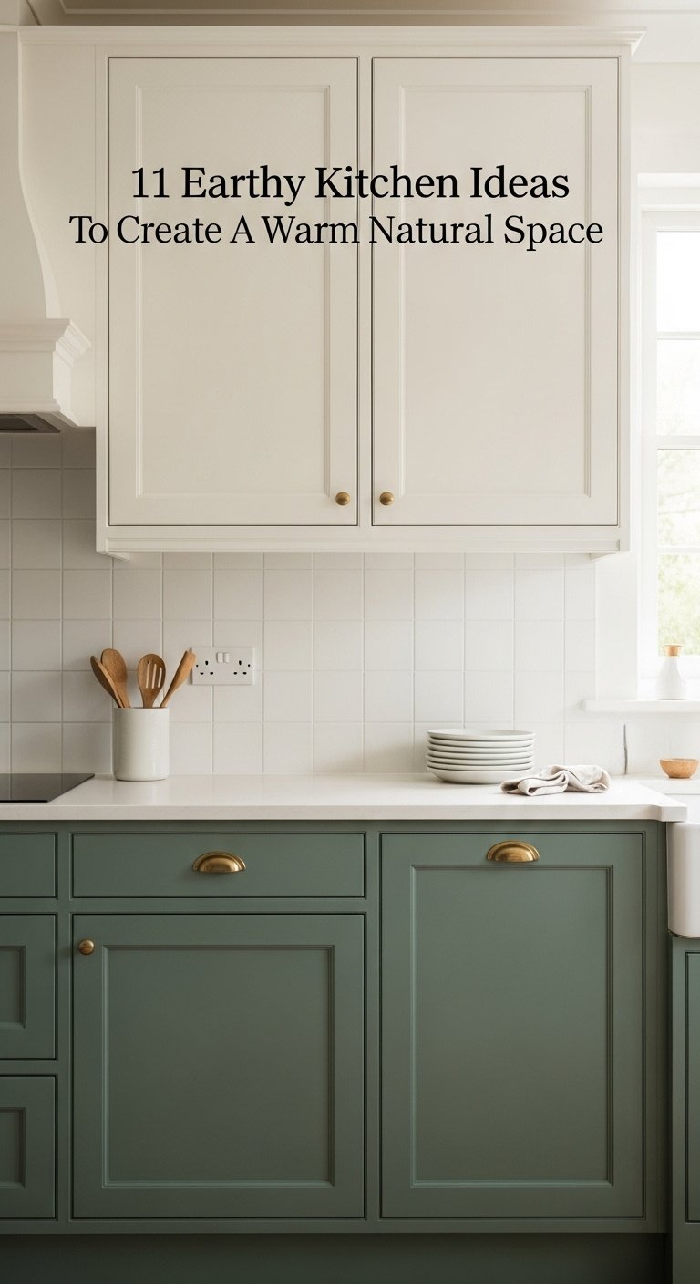 Earthy kitchen with matte sage green lower cabinets and creamy white walls, natural light, white tile backsplash, ceramic plates, wooden utensils