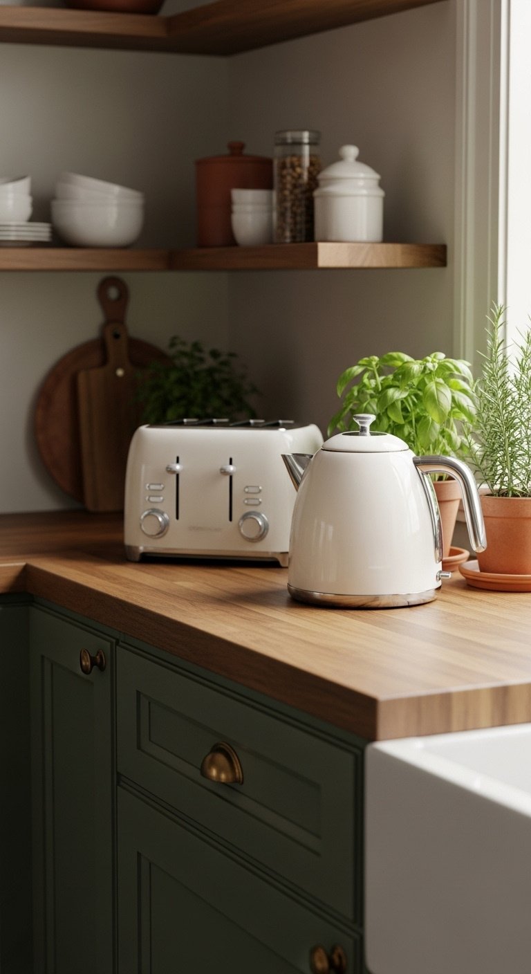 Earthy kitchen with sage green cabinets white toaster kettle butcher block countertop and fresh herbs
