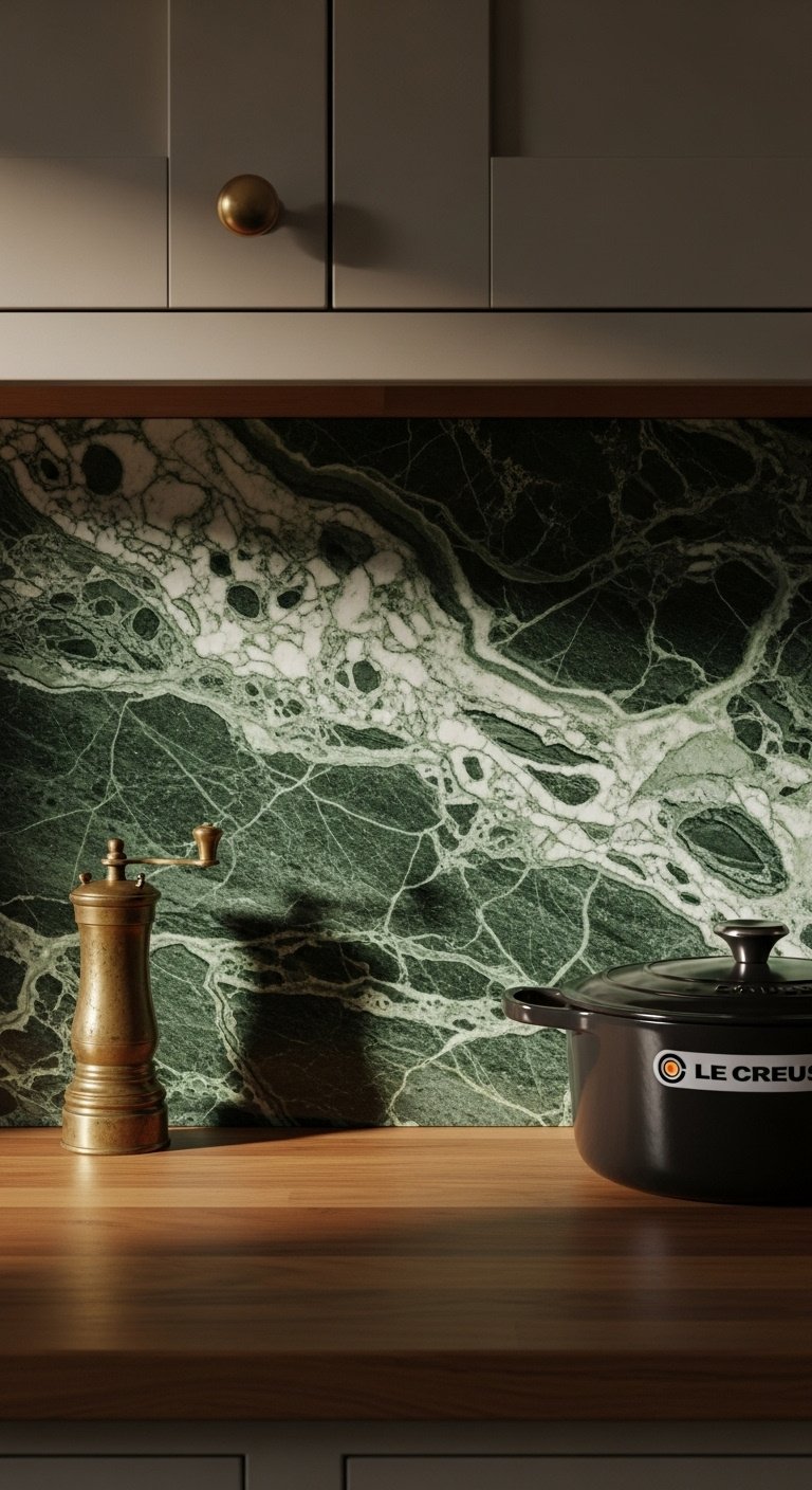 Earthy luxury hunter green natural stone backsplash with warm wood countertop and cream-colored cabinet