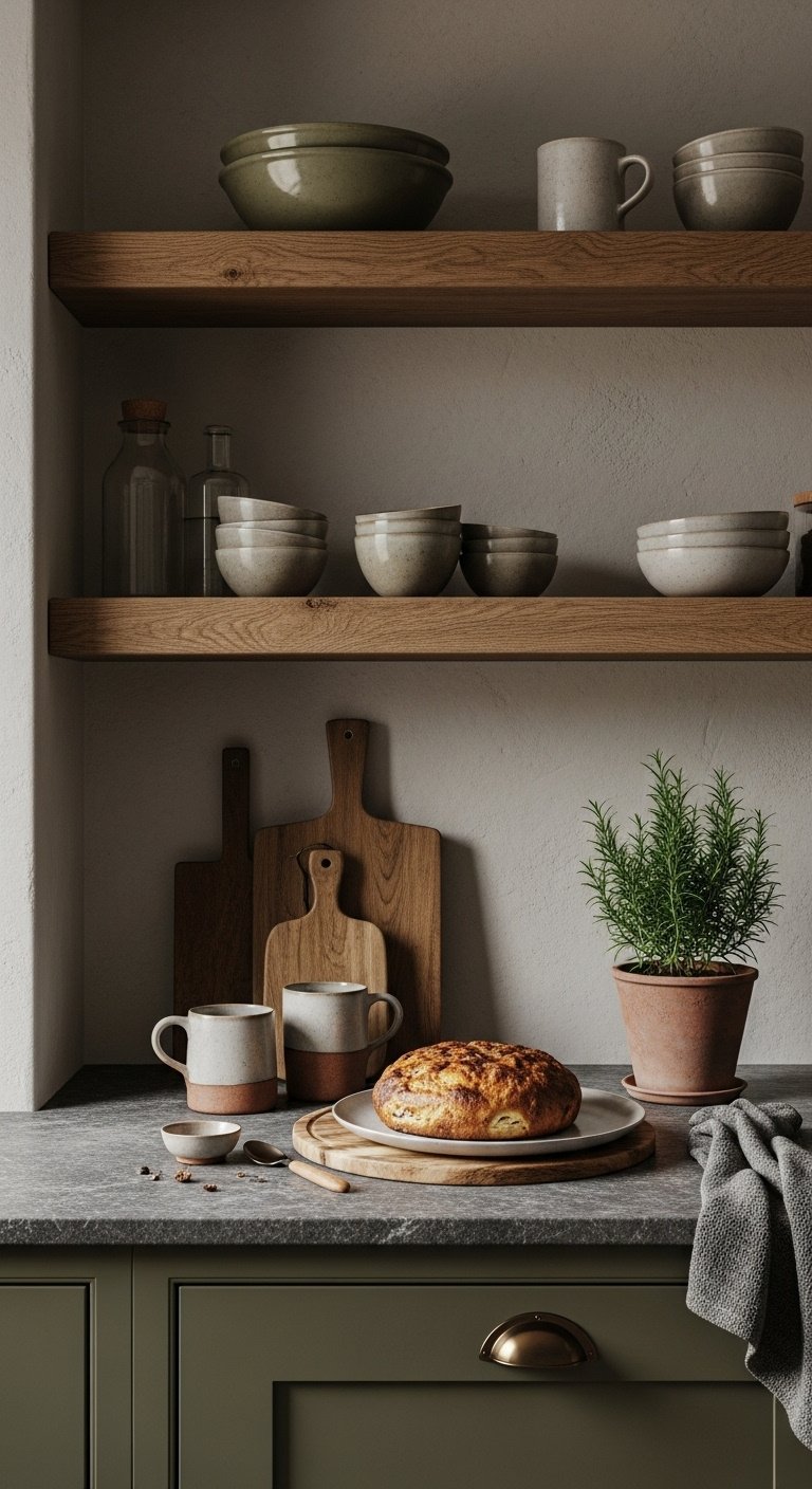 Earthy organic olive green kitchen cabinets with natural oak open shelves and dark slate countertop