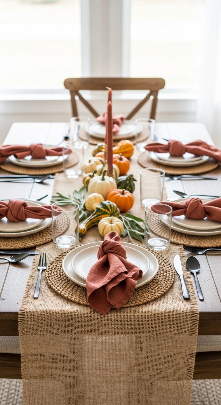 Earthy terracotta and woven textures Thanksgiving table decor with burlap runner hyacinth placemats linen napkins gourds and pumpkins